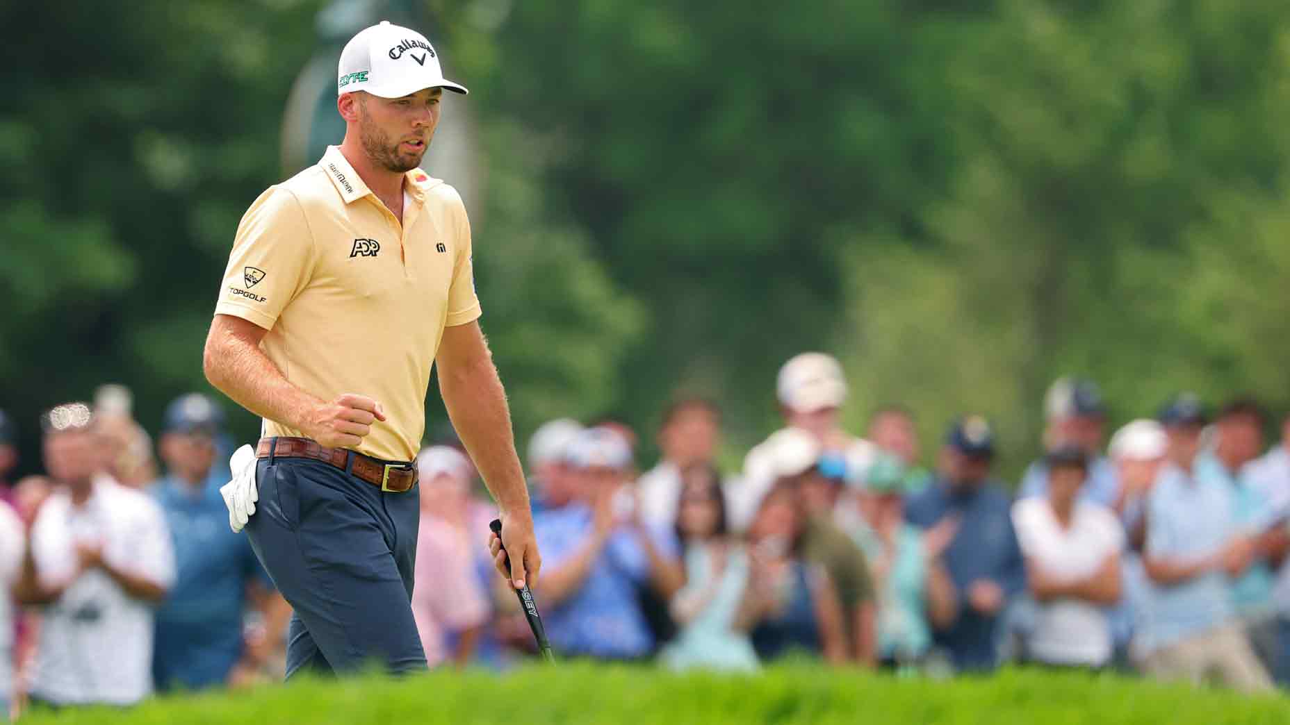 Sam Burns of the United States reacts after making par on the ninth green during the second round of the 125th U.S. OPEN at Oakmont Country Club on June 13, 2025 in Oakmont, Pennsylvania.