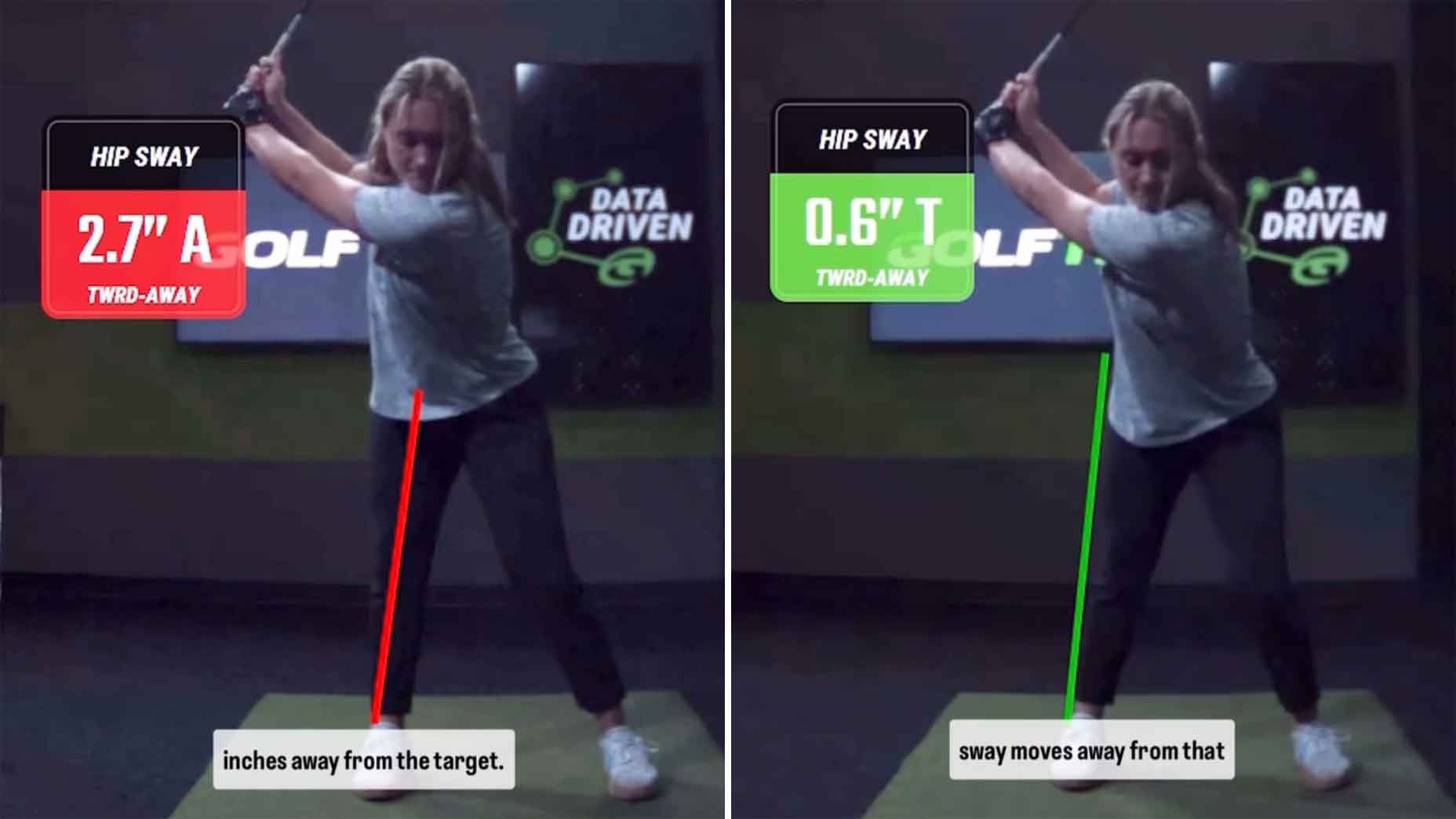 golfer makes swings in hitting bay with data showing the results